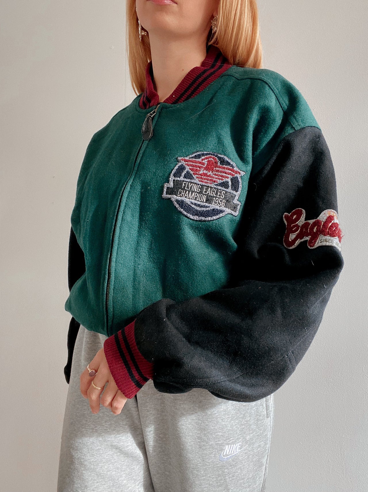 Bomber vintage en laine vert foncé et noir