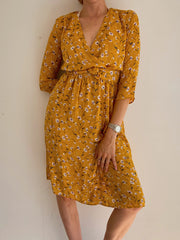 Gelbes Vintage-Kleid mit Blumen M 