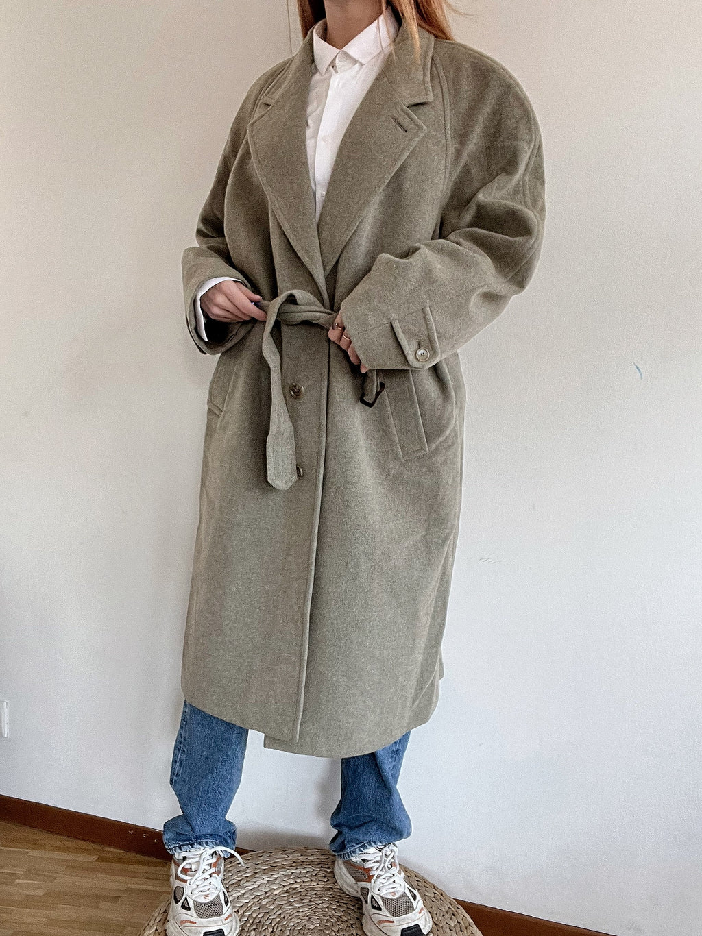 Vintage Wollmantel Taupe/Grün L