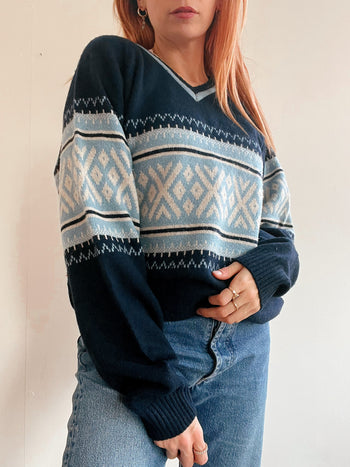 Pull vintage en laine  bleu foncé et bleu clair L