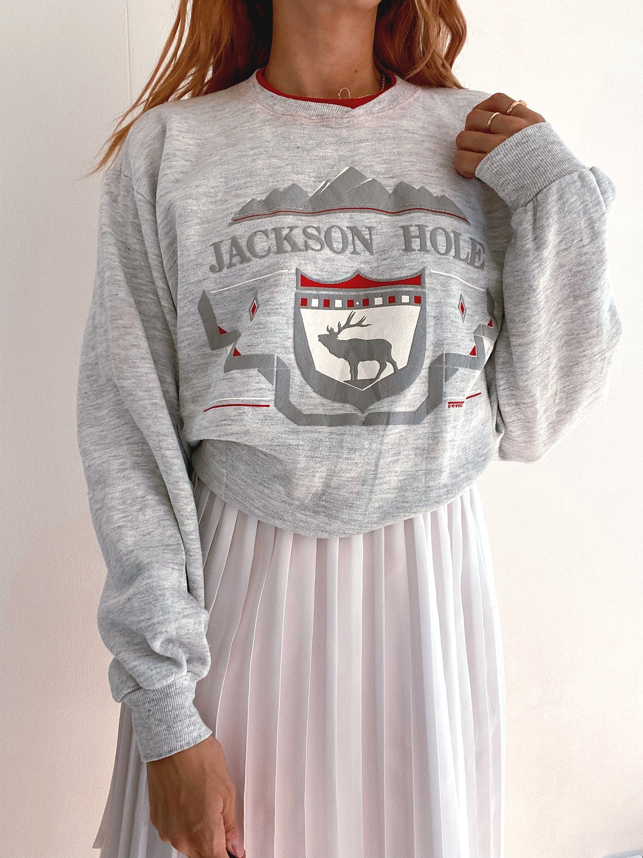 Pull vintage USA gris clair et rouge XL