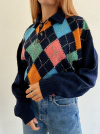 Pull vintage en laine bleu foncé et multicolore
