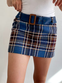 Vintage sehr kurzer Minirock aus blau karierter Wolle M/L