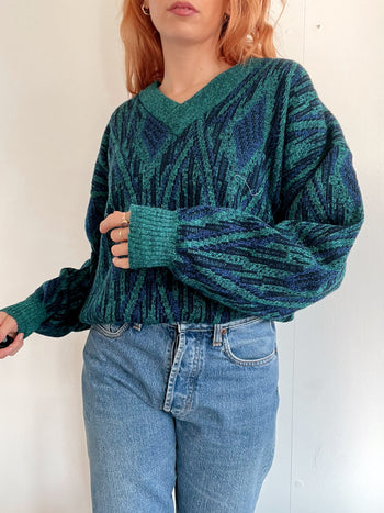 Pull vintage en laine bleu foncé et vert XL