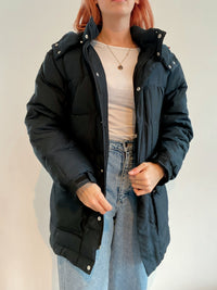 Vintage schwarze Daunenjacke mit Kapuze L 