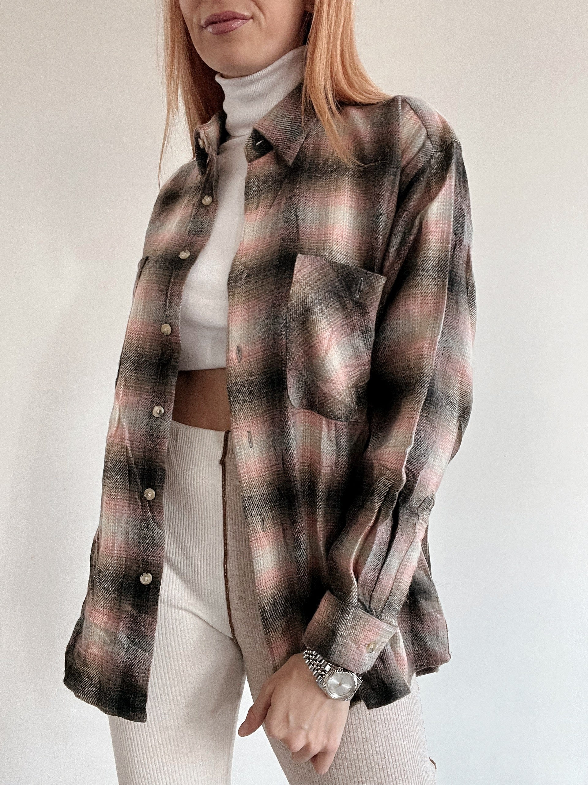 Chemise vintage en laine beige et rose  à carreaux M