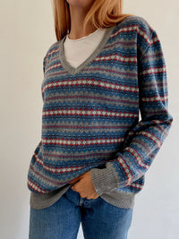 Vintage gemusterter blauer Strickpullover M/L