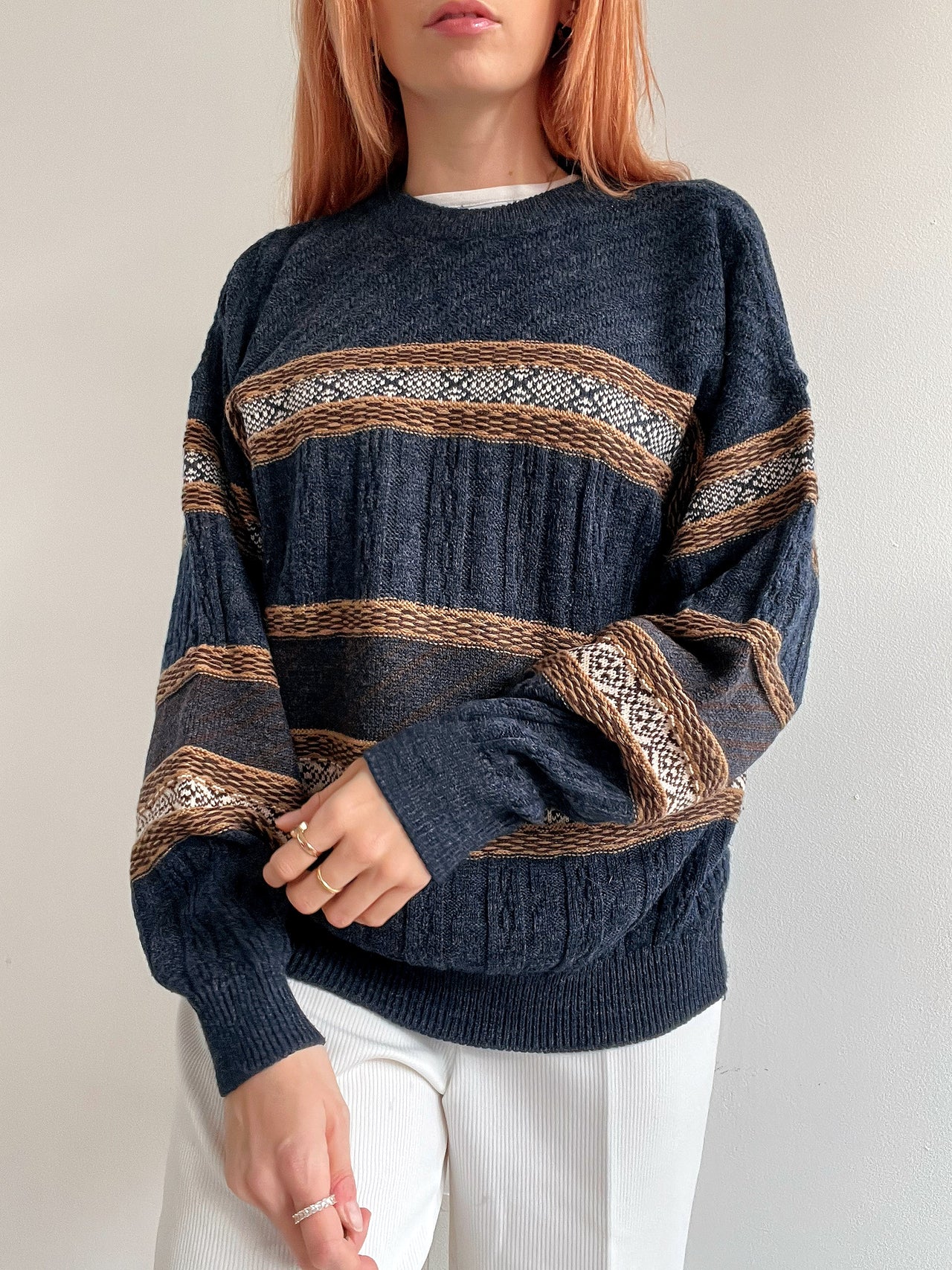 Pull vintage en laine gris et beige  M