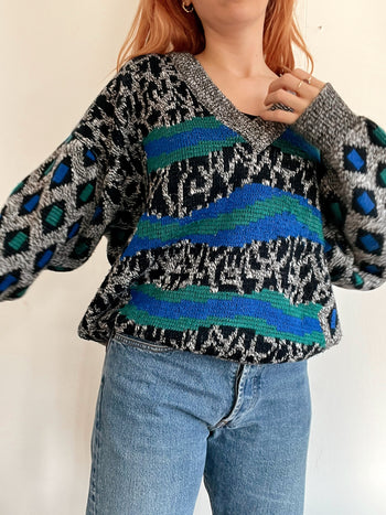 Pull vintage en laine gris, vert, bleu L