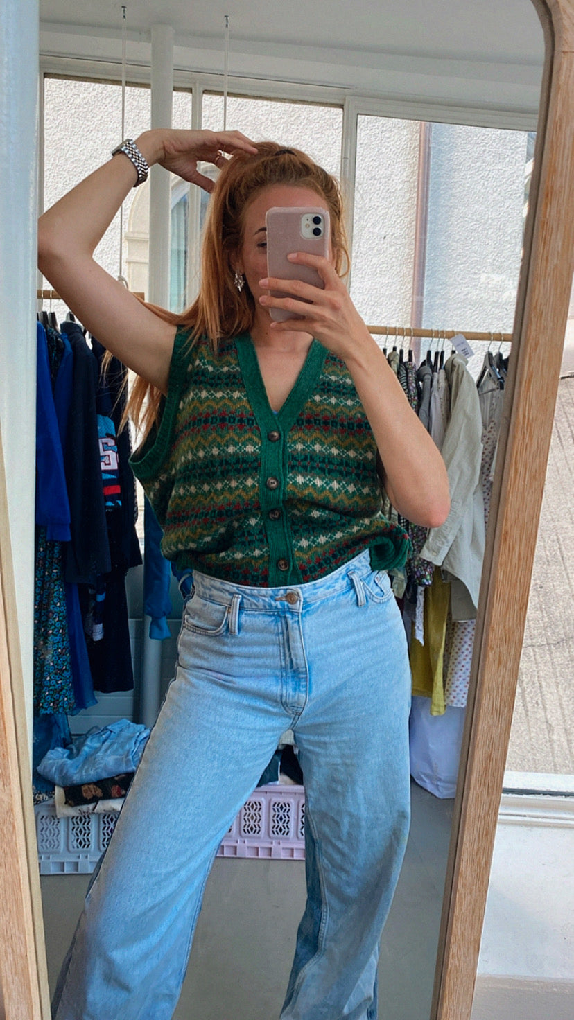 Gilet vintage en laine vert foncé  L