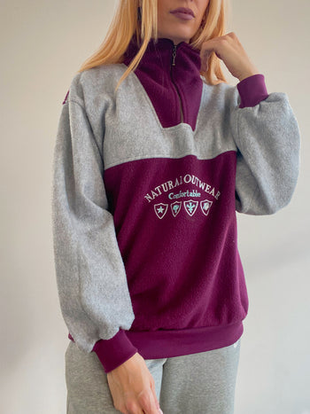 Pull polaire vintage gris et bordeaux M