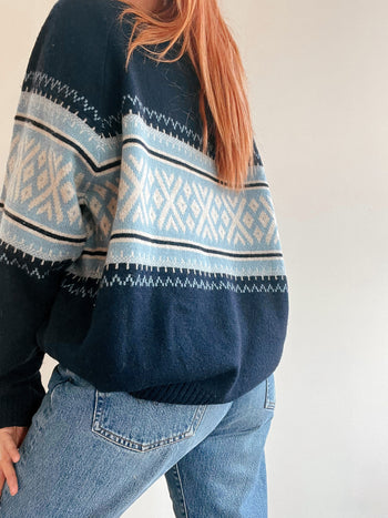 Pull vintage en laine  bleu foncé et bleu clair L