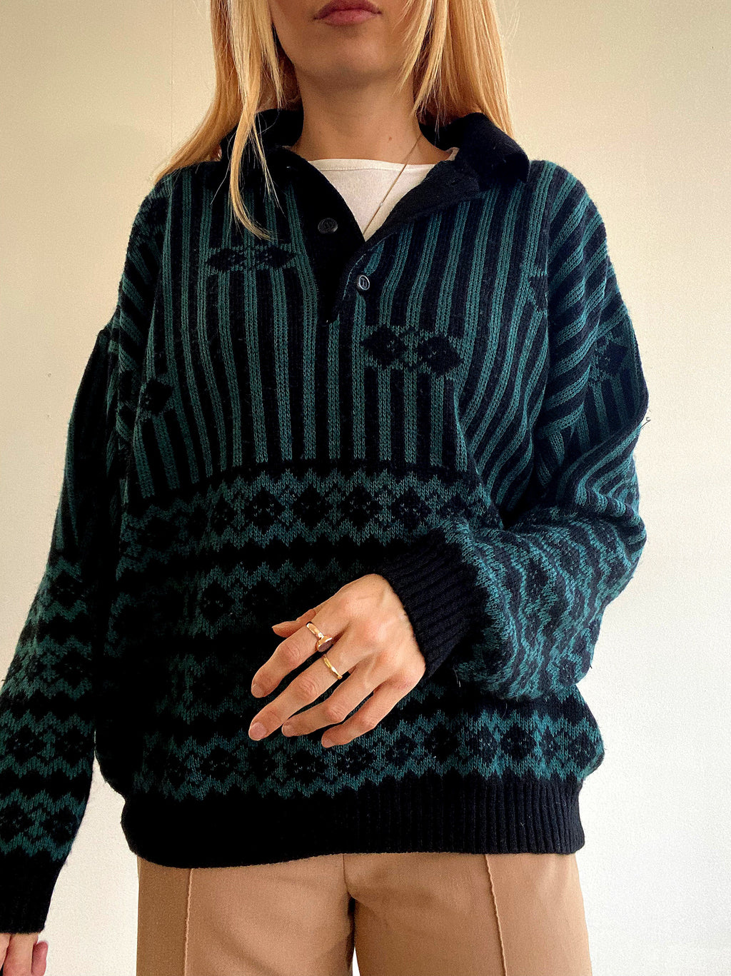 Pull vintage en laine vert et noir