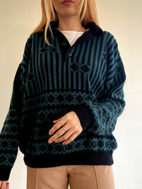 Pull vintage en laine vert et noir