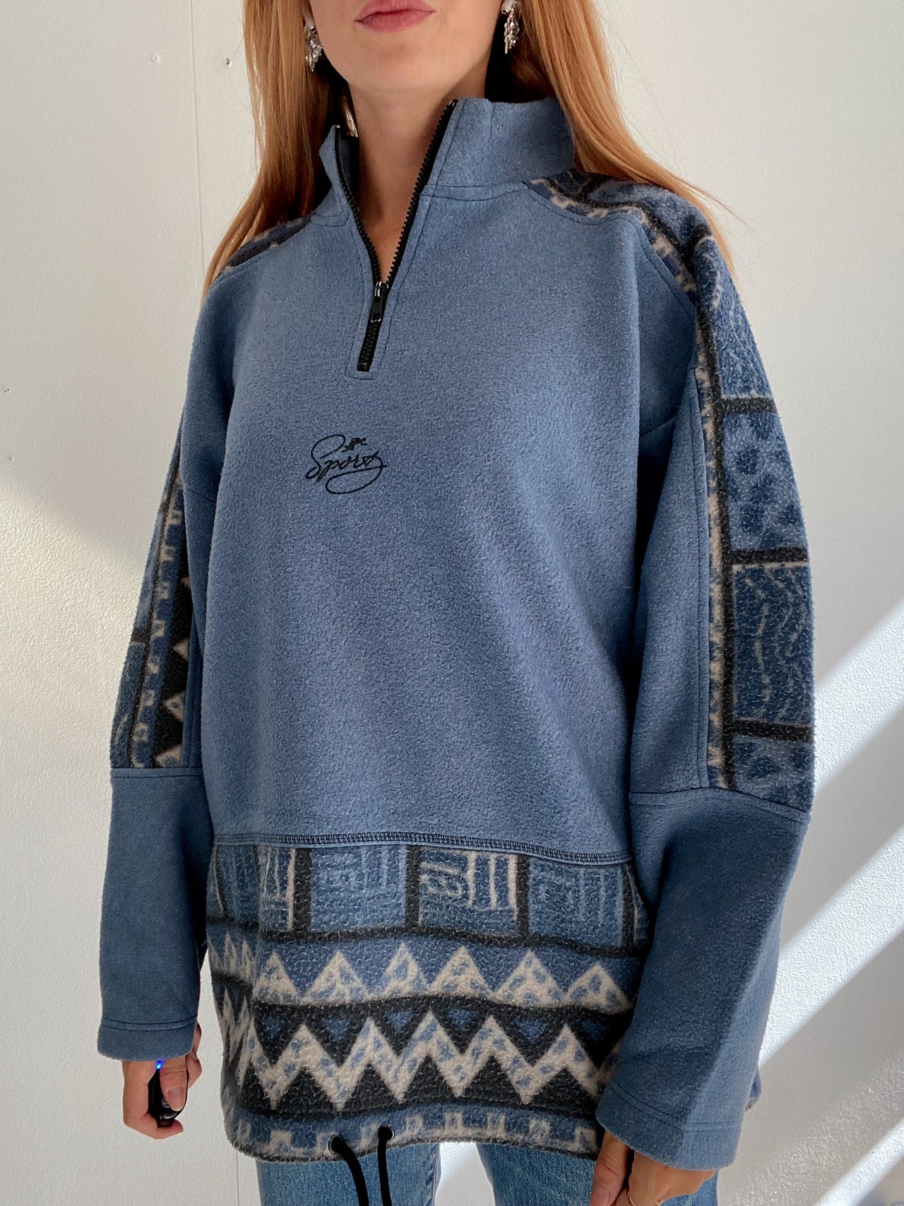 Vintage Fleecepullover blau grau XL