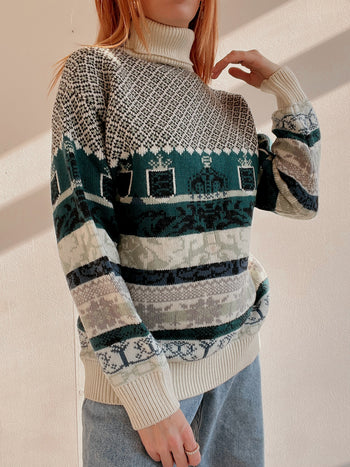 Pull vintage en laine blanc cassé et vert M/L