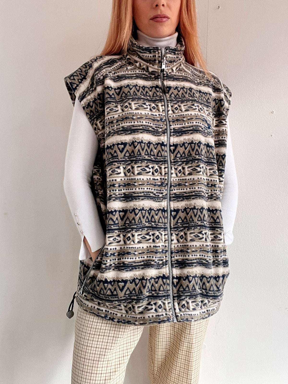 Gilet vintage sans manche polaire gris/beige XL