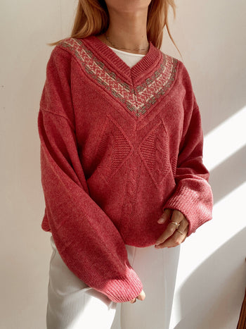 Pull vintage en laine rose L