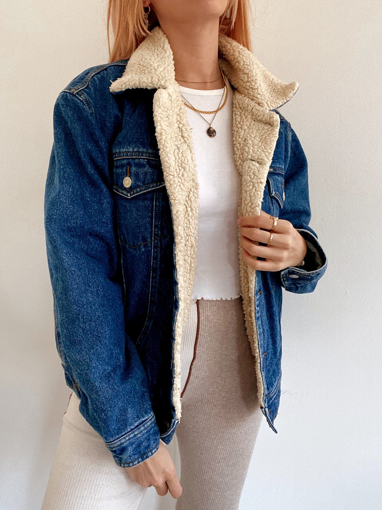 Veste en jeans vintage oversized intérieur mouton M