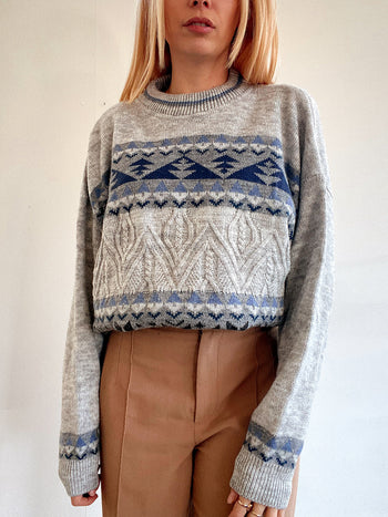 Pull vintage en laine gris et bleu