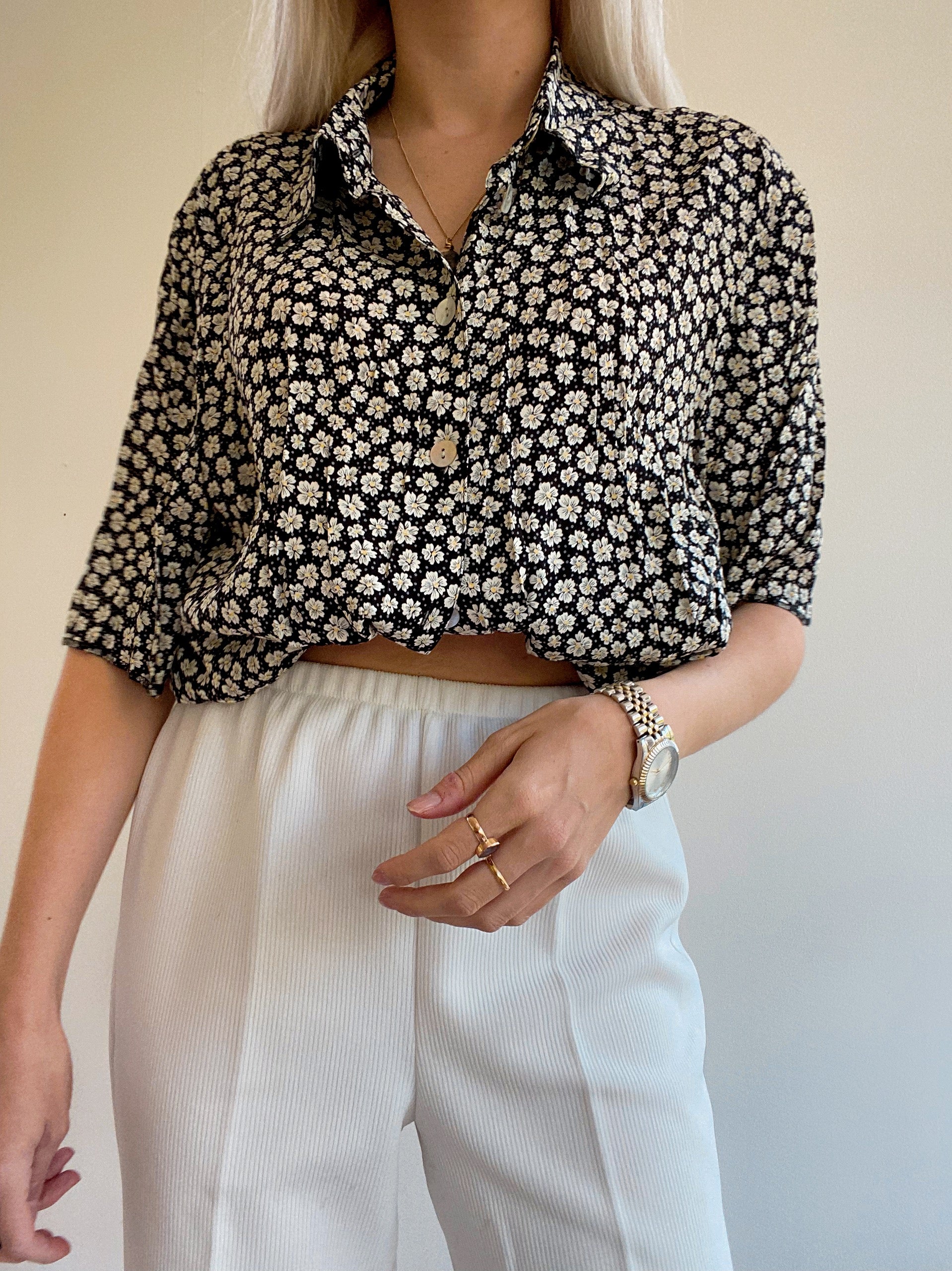 Chemise Vintage 80/90s à fleurs noires et blanches