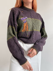 Pull vintage en laine violet foncé  et khaki M/L