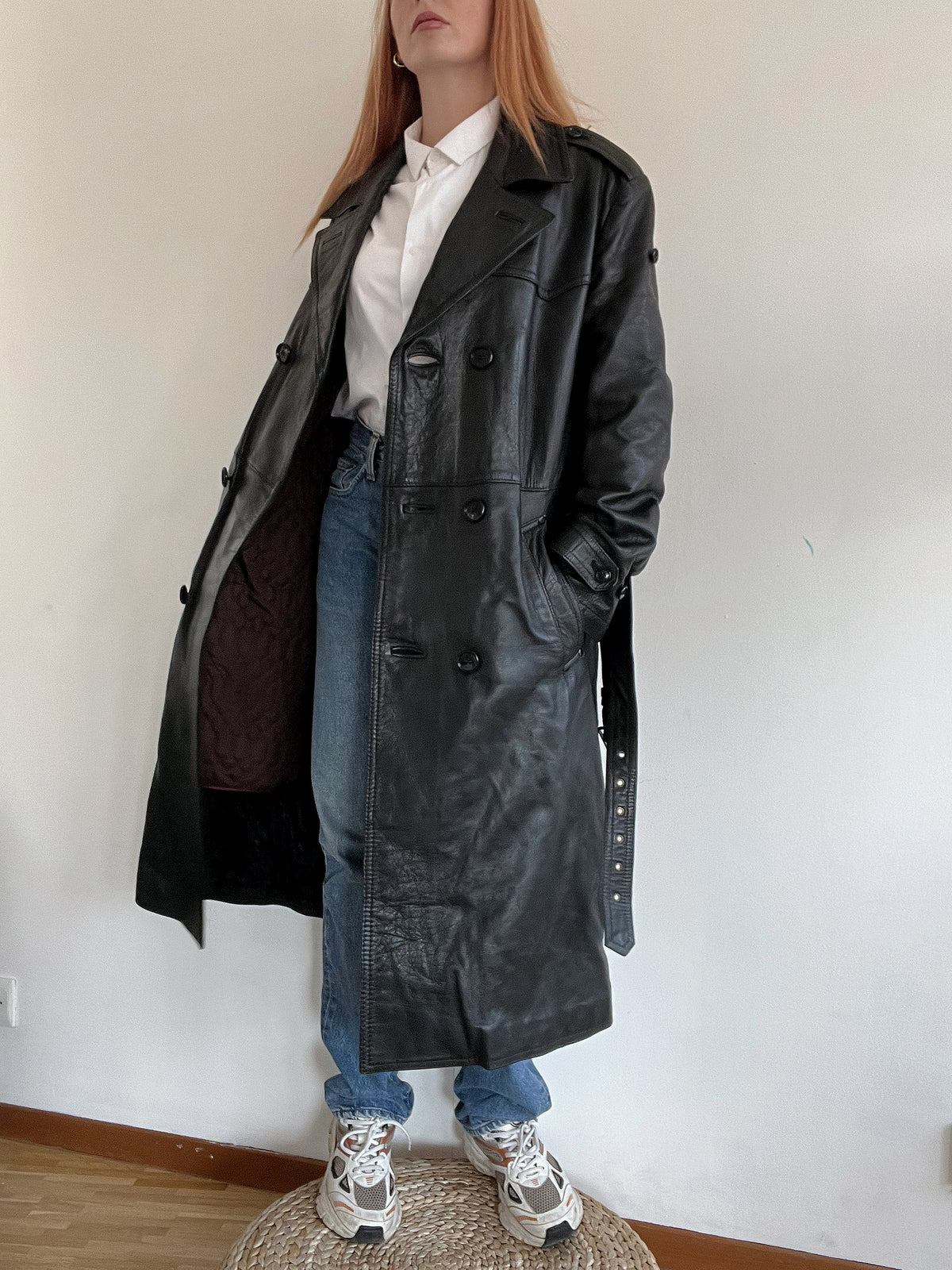 Vintage schwarzer Leder-Trenchcoat L