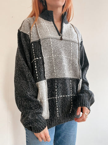 Pull vintage en maille  gris à carreaux L