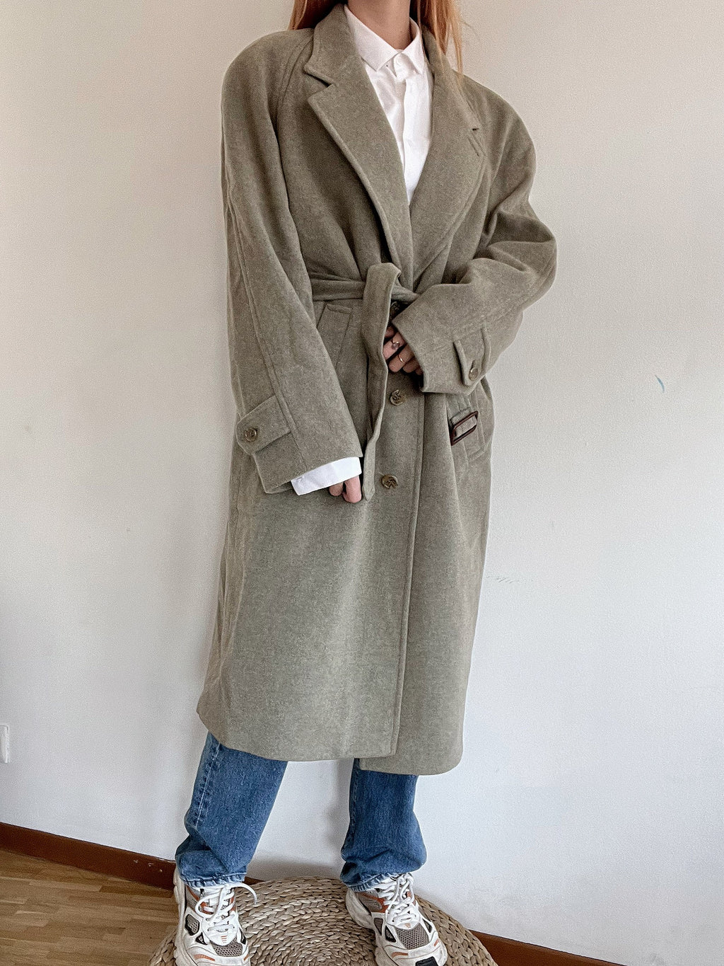 Vintage Wollmantel Taupe/Grün L
