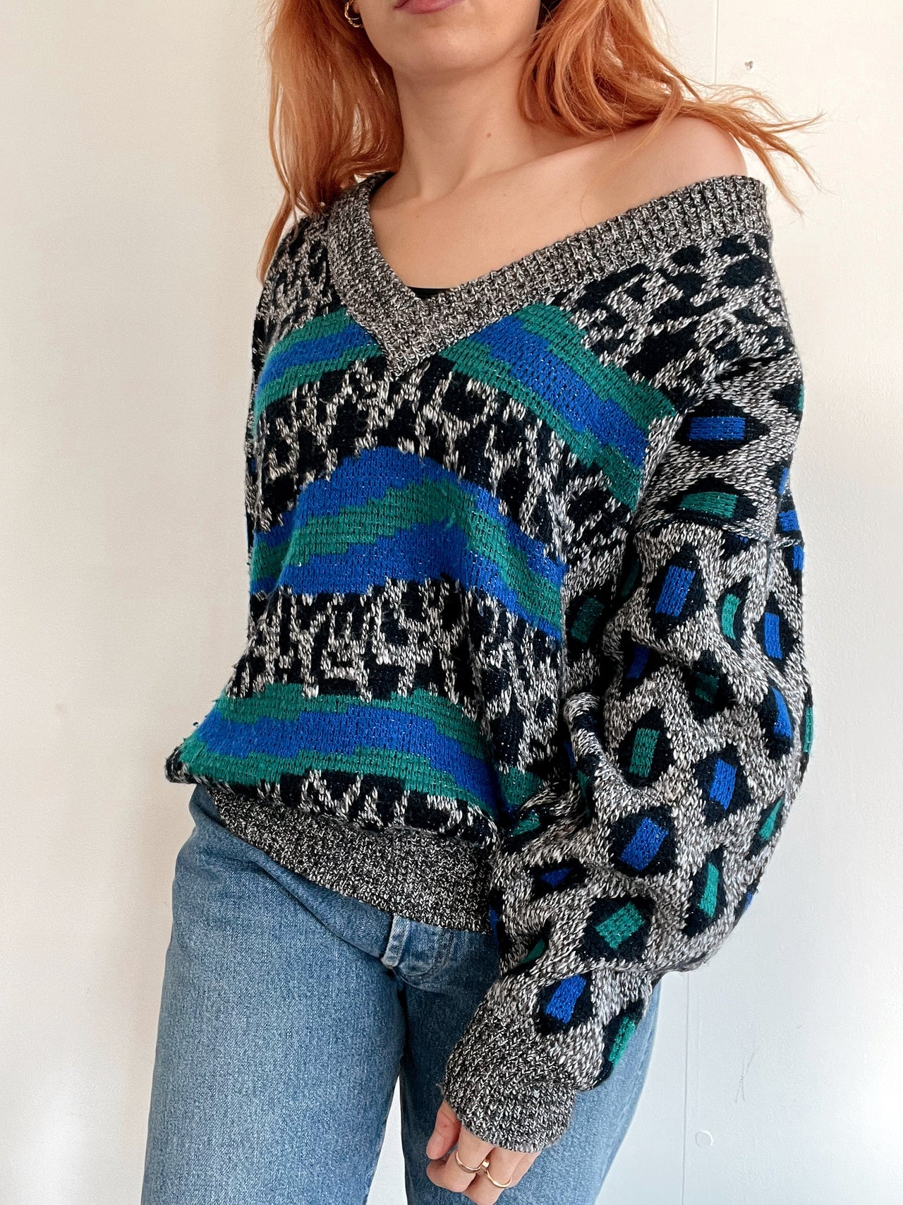 Pull vintage en laine gris, vert, bleu L