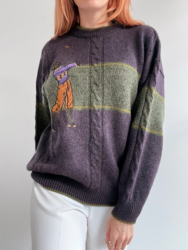Pull vintage en laine violet foncé  et khaki M/L