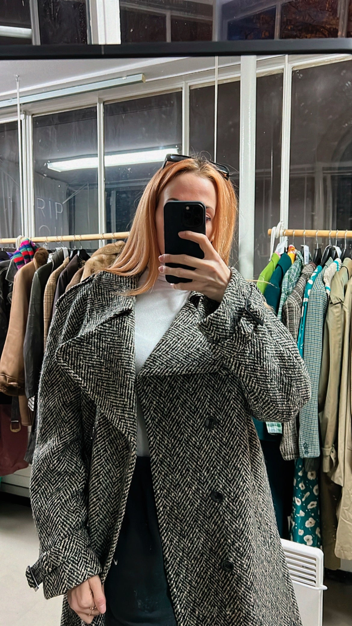 Manteau vintage en laine blanc et noir L/XL