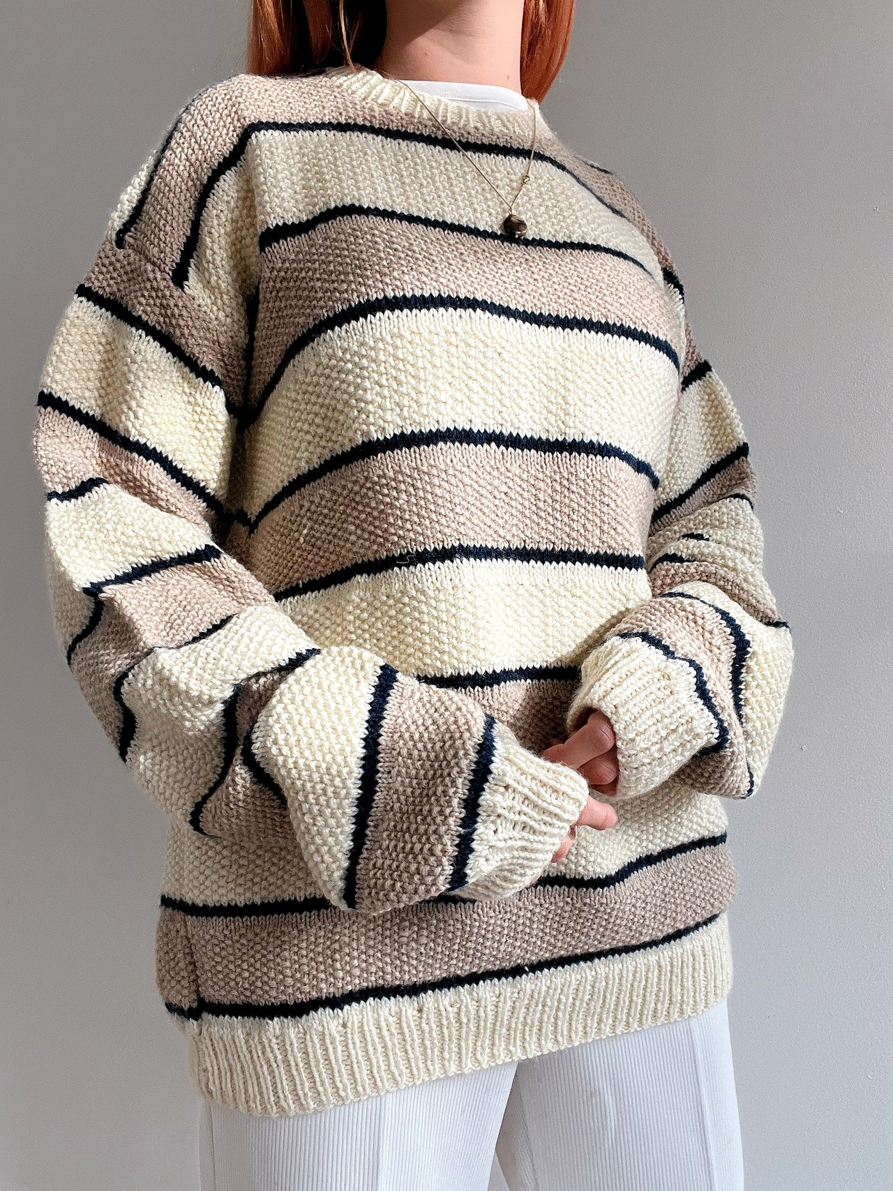 Vintage Wollpullover in Cremeweiß und Beige L