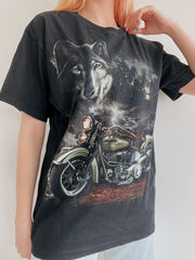T-shirt vintage noir loup/moto rock L