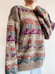 Beigefarbener Vintage-Wollpullover mit bunten Mustern