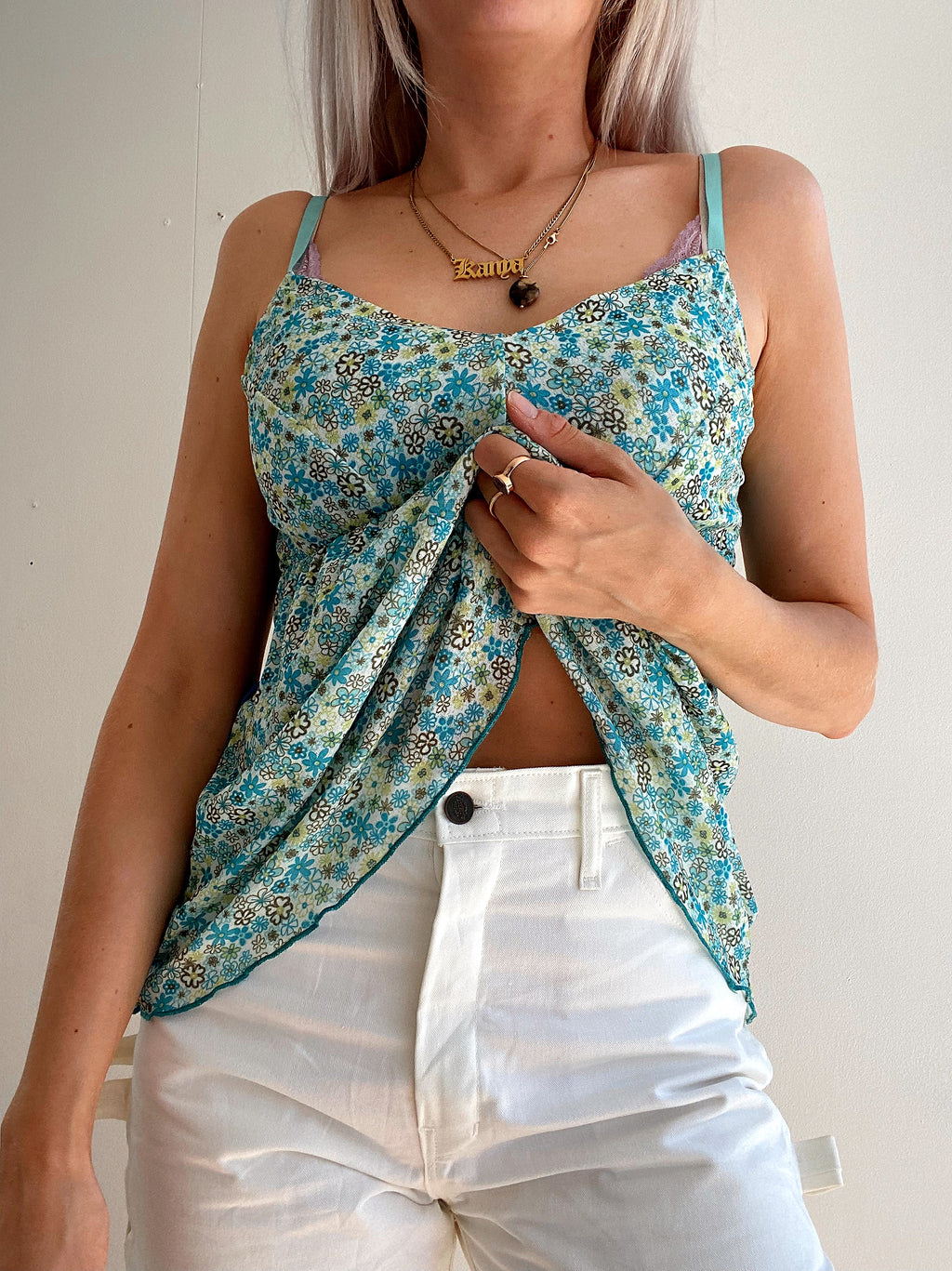 Top Vintage 80/90s turquoise à fleurs M
