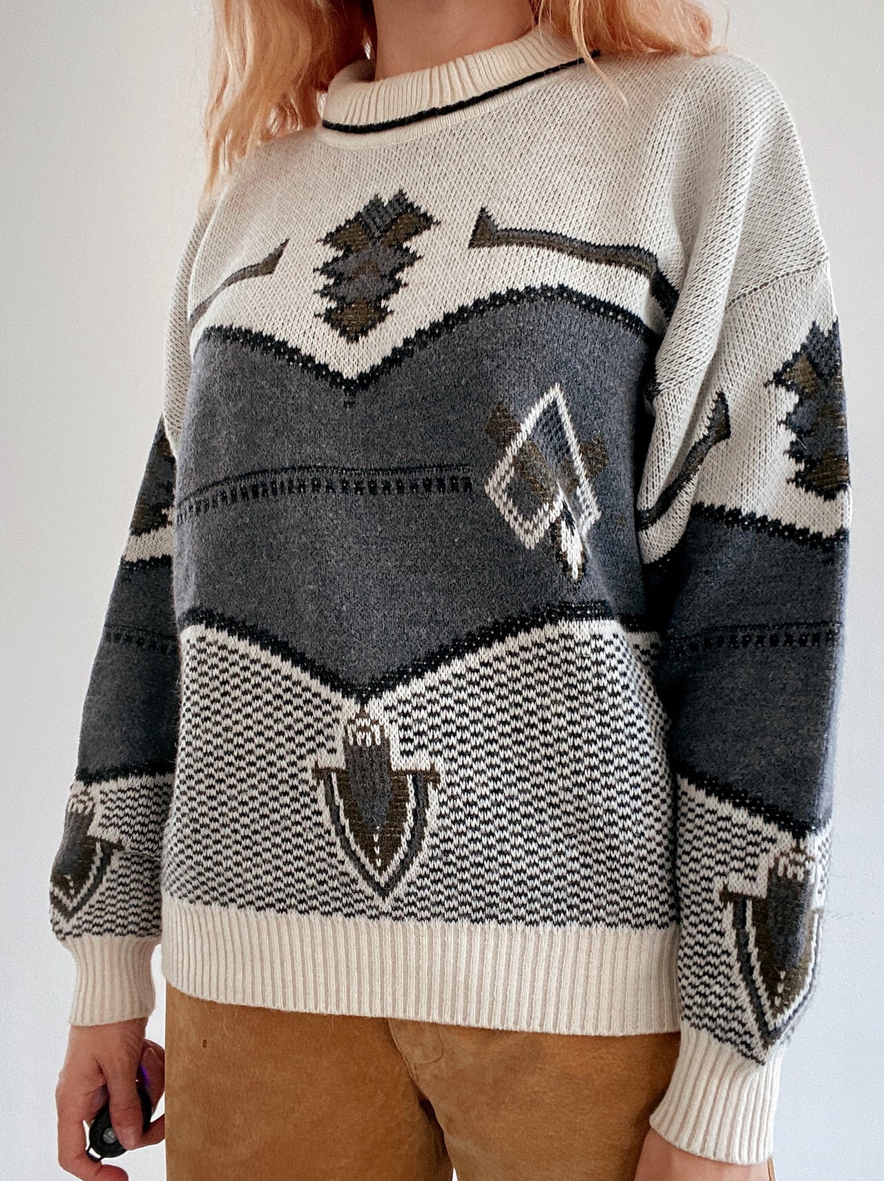 Pull vintage en laine blanc et noir M