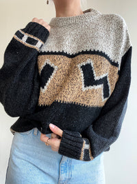 Blue knit turtleneck sweater with beige patterns M