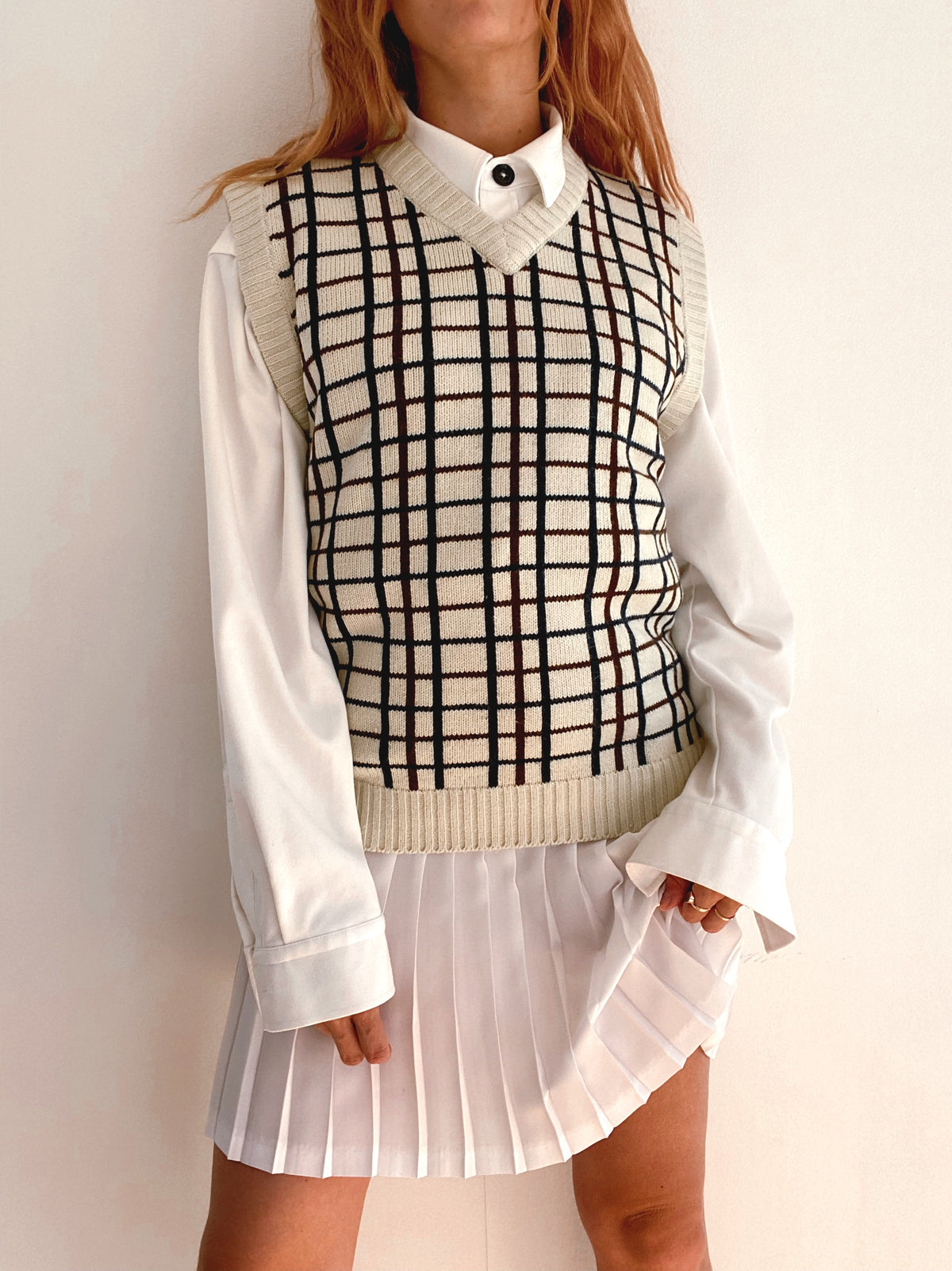Gilet vintage sans manche en laine blanc cassé et brun L
