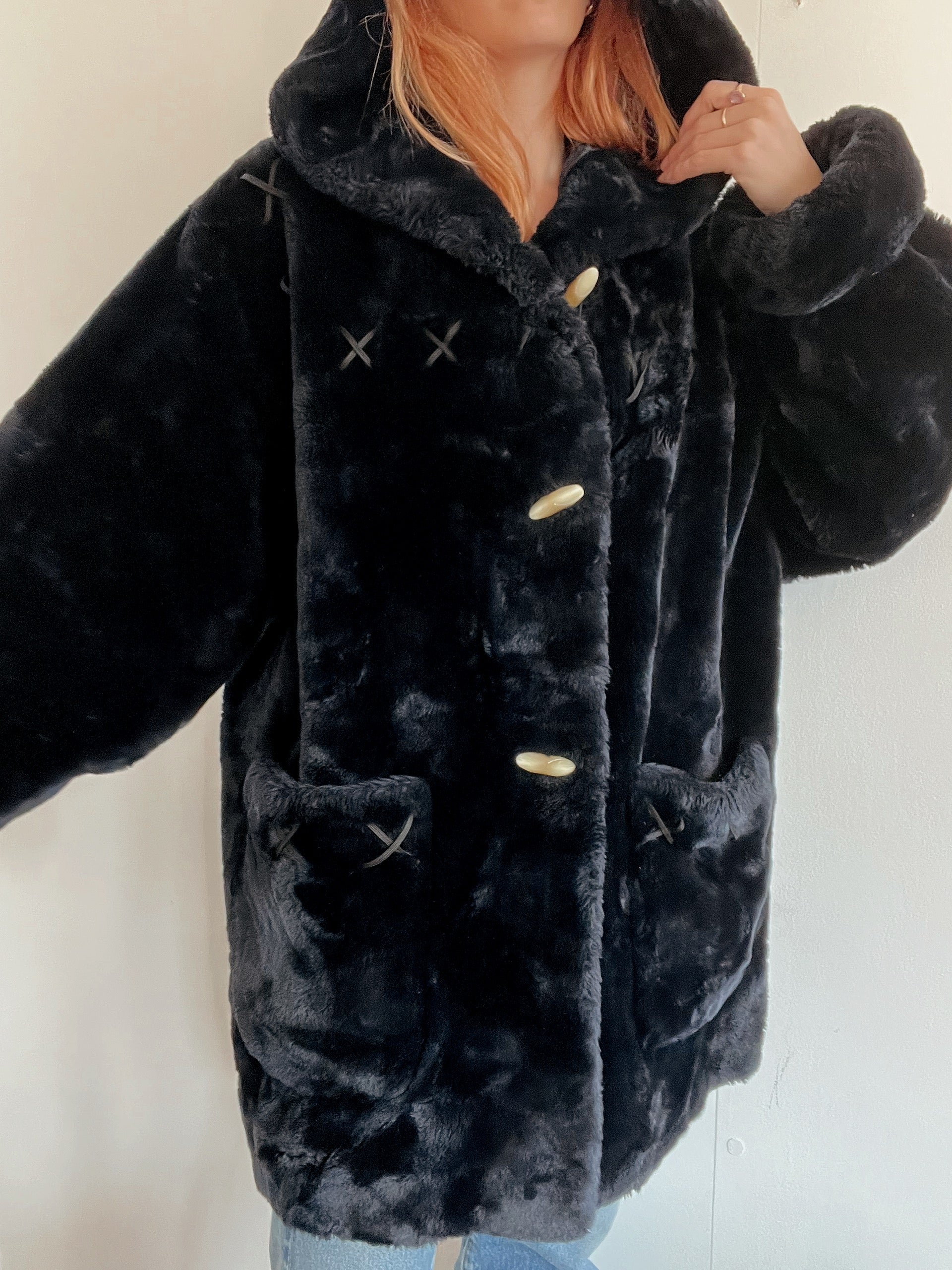 Vintage dunkelblauer Kunstpelzmantel mit Kapuze M/L