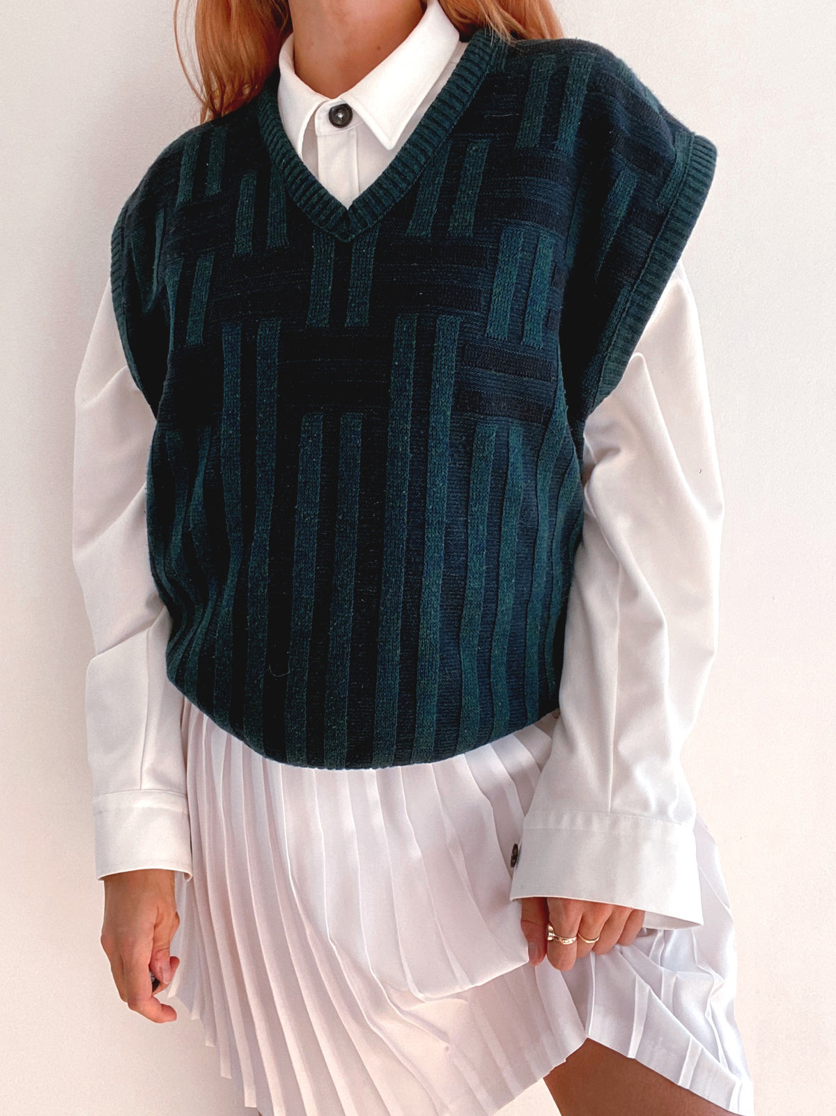 Gilet vintage sans manche en laine vert et bleu L
