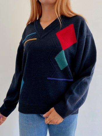 Pull vintage en laine bleu foncé et rouge  L