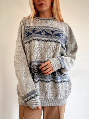 Pull vintage en laine gris et bleu