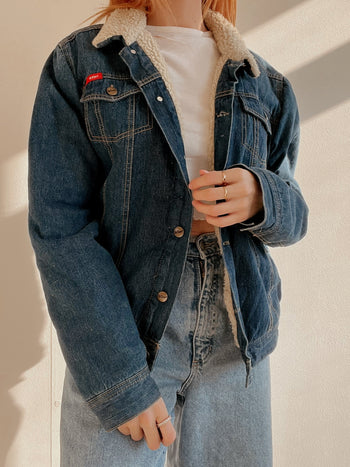 Veste en jeans vintage bleue foncée intérieur mouton L