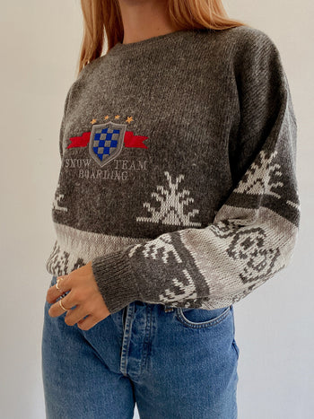 Pull vintage en laine Gris et rouge M