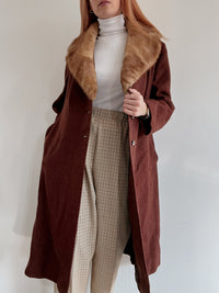 Vintage bordeaux/brauner Wollmantel mit Pelzkragen L