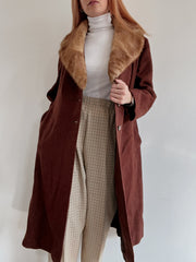 Manteau en laine vintage bordeaux/brun col fourrure L