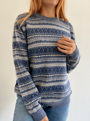 Dunkelblauer Wollpullover mit Vintage-Muster