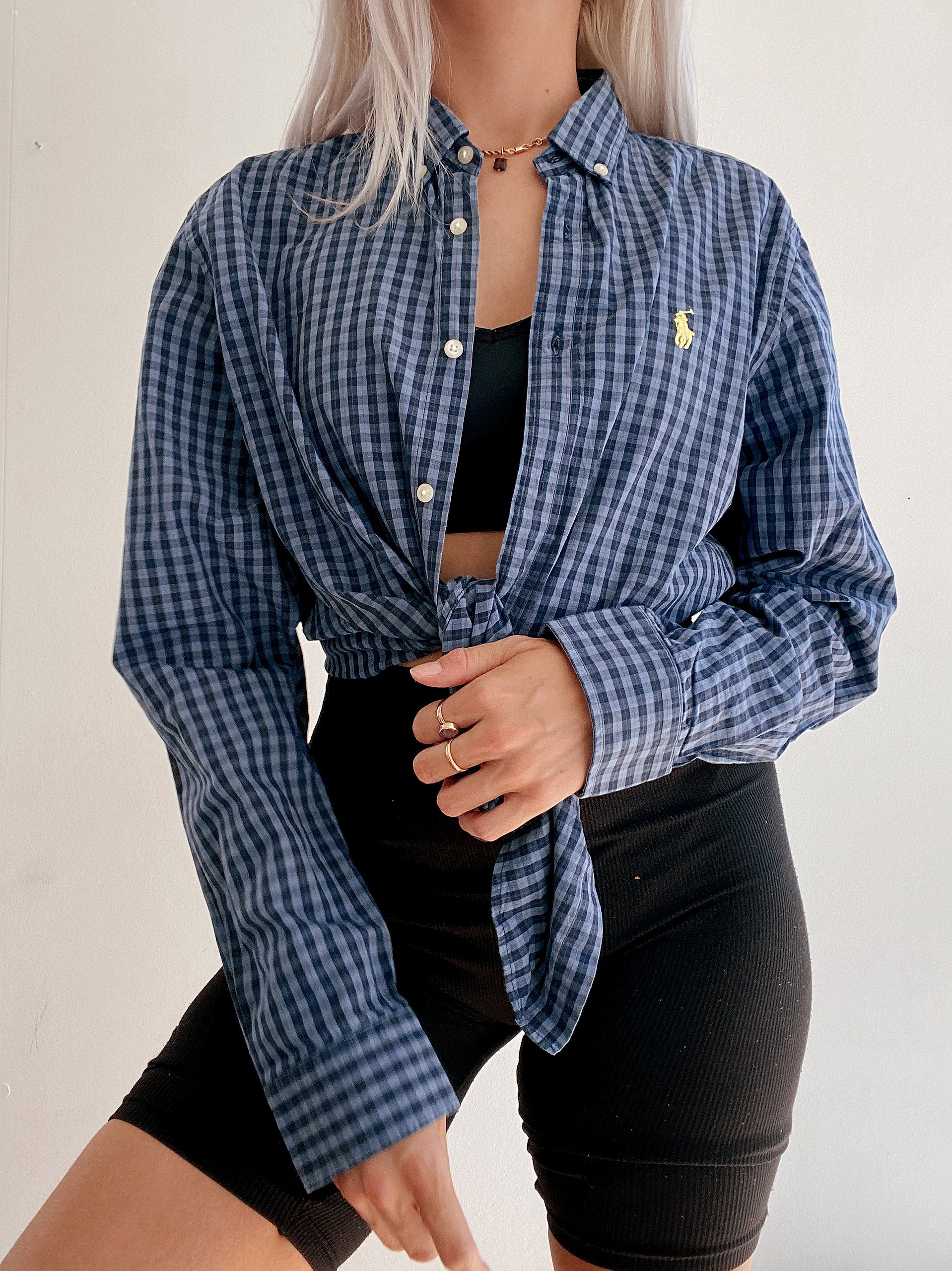 Chemise vintage Ralph Lauren à carreaux bleus / logo jaune XL