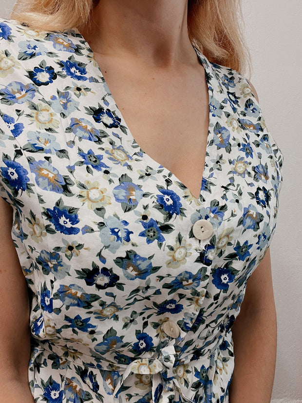 Chemise vintage 80’s 90’s blanche à fleurs bleues M